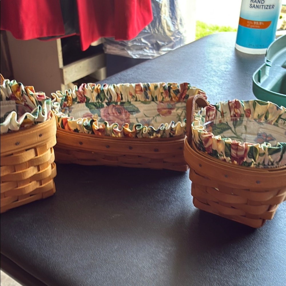 Brown Woven Storage Baskets with Decorative Fabric Trim